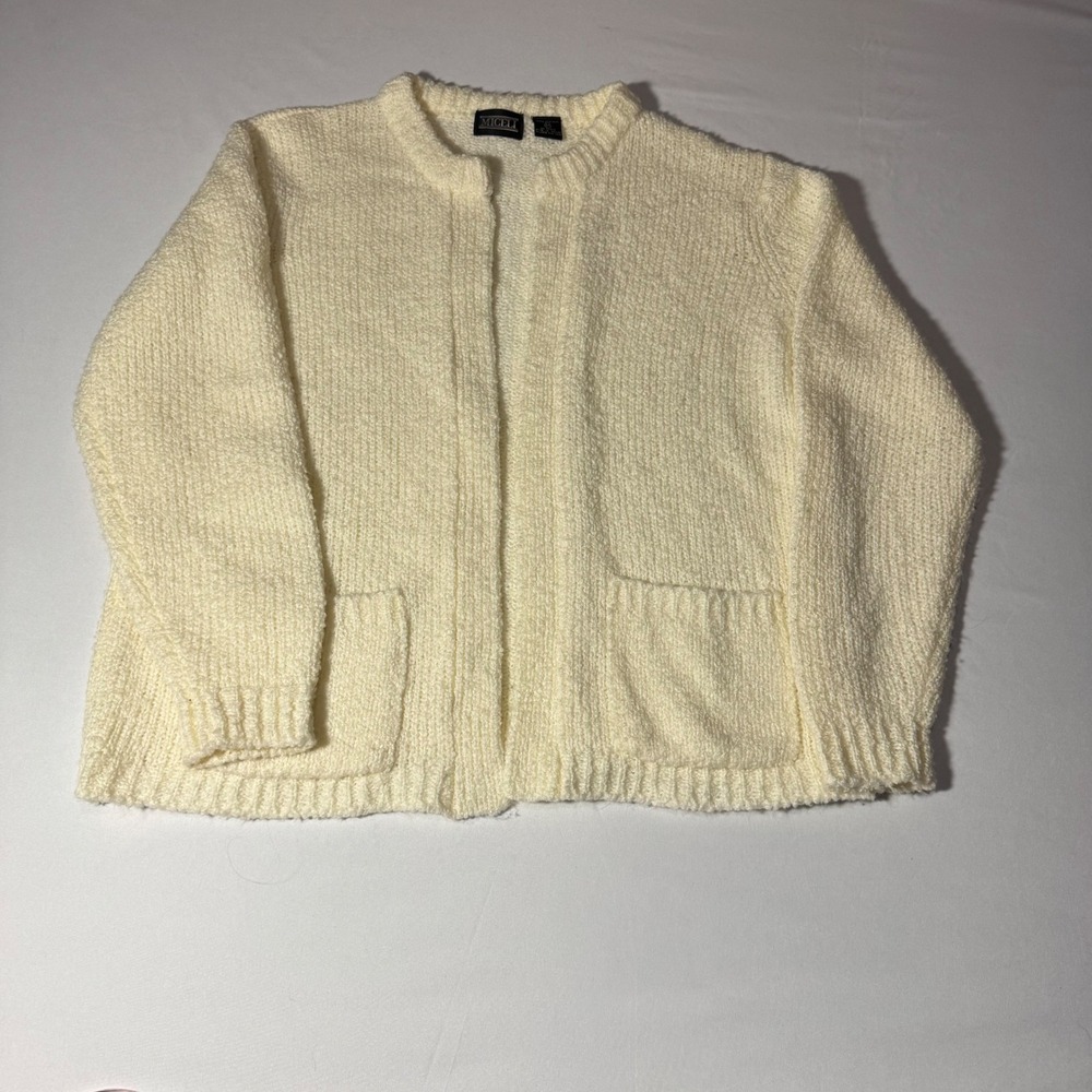 Miceli Vintage Cream Ivory Knit Open Front Cardigan Sweater Pockets Womens 44